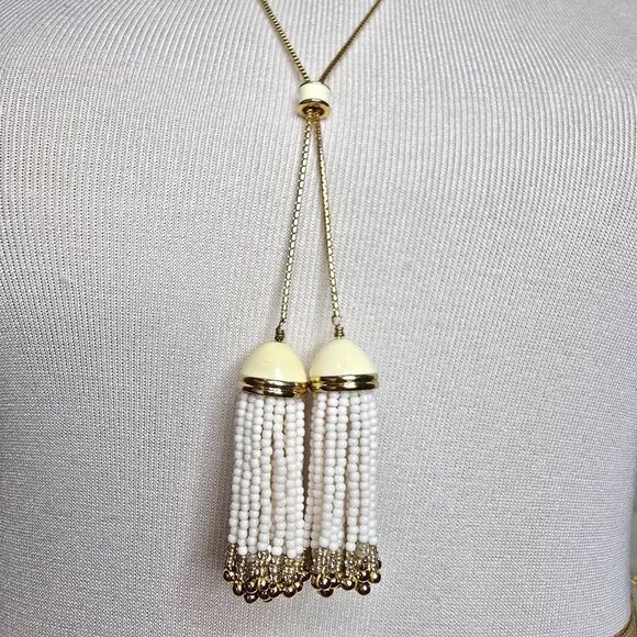 Talbots Double Adjustable Slider Tassle Chain Pendant Necklace Gold White Cream - Picture 2 of 7
